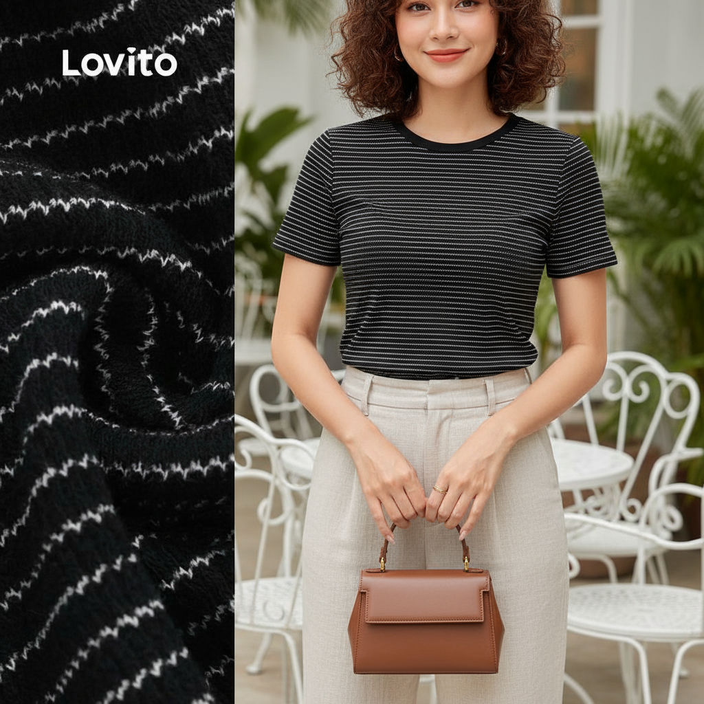 Lovito เสื้อยืดคอวี สําหรับผู้หญิง สีดํา ดีไซน์ขอบต่าง สไตล์ลําลอง ฤดูใบไม้ผลิ/ฤดูร้อน L143AD1881