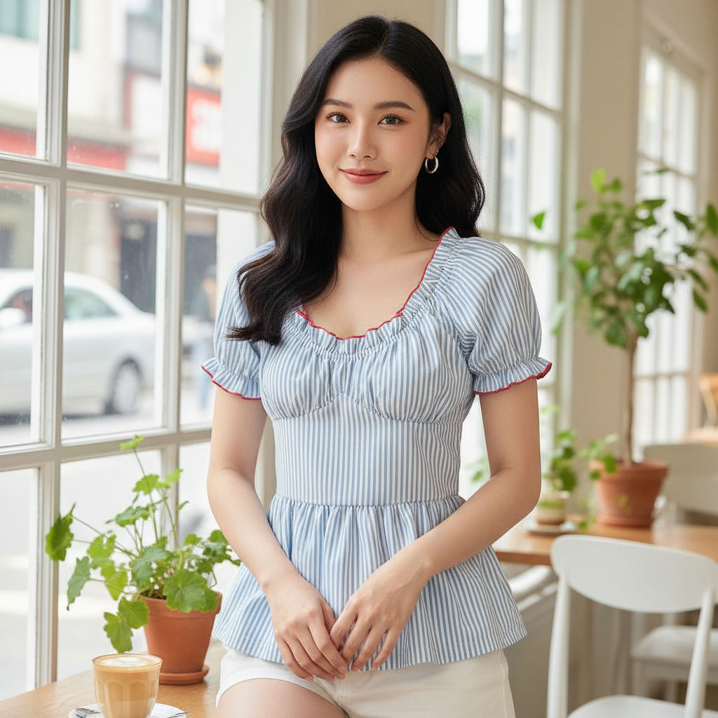 (Fashion_2) Lovito เสื้อน่ารักลายจีบคมชัดผูกพันสม็อคฤดูร้อน/ฤดูใบไม้ผลิเสื้อสําหรับผู้หญิง L125AD492