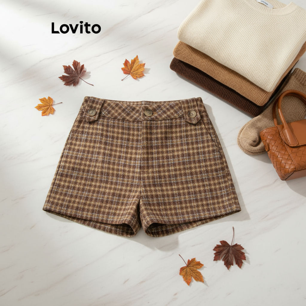 (trendy4)Lovito กางเกงขาสั้นลายสก็อตลำลองสำหรับผู้หญิง L110AD476