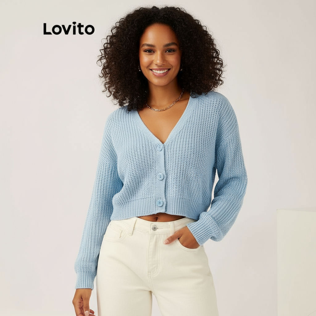 (Trendy2) Lovito เสื้อคาร์ดิแกนลําลองเสื้อคาร์ดิแกนสเวตเตอร์ติดกระดุมแขนยาวคอวีสีพื้นสําหรับผู้หญิง 