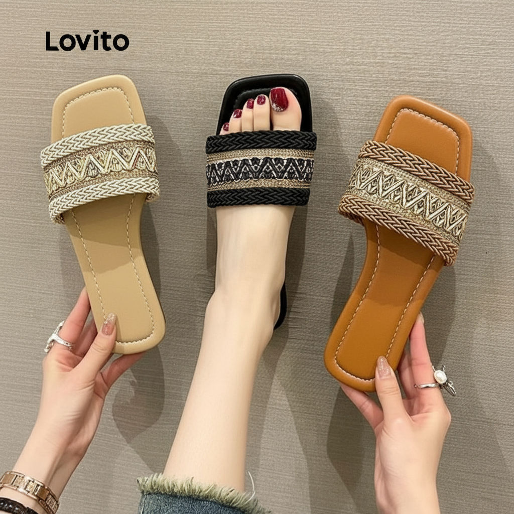 Lovito โบโฮ ธรรมดาสไตล์ชาติพันธุ์ฟางดูดซับเหงื่อสวมรองเท้าแตะนอกวันหยุดเดินทางรองเท้าแตะแบนสําหรับผู