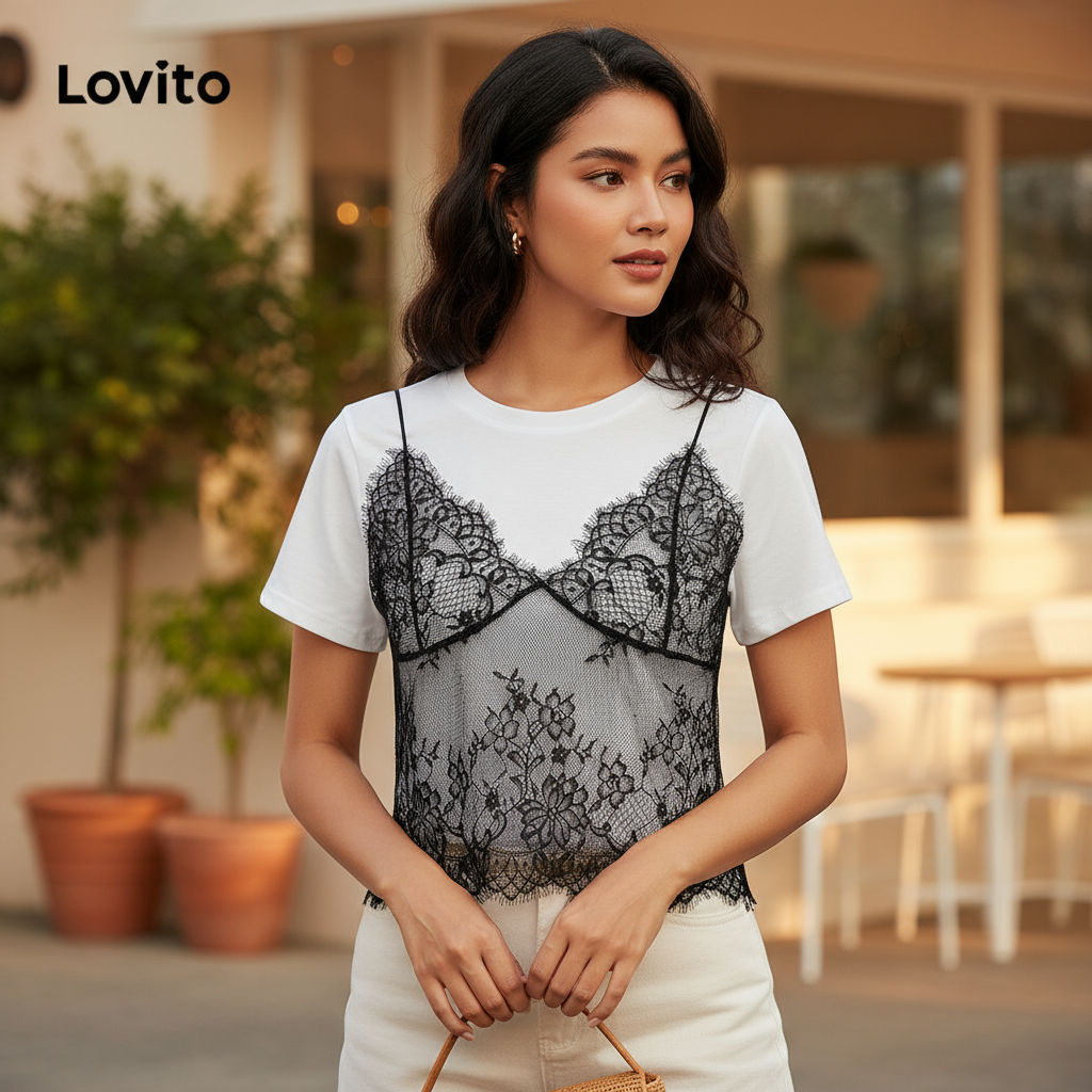 (Fashion_2) Lovito เสื้อยืดหรูหราเสื้อยืดเย็บผ้าลูกไม้ธรรมดาสําหรับผู้หญิง L106AD114