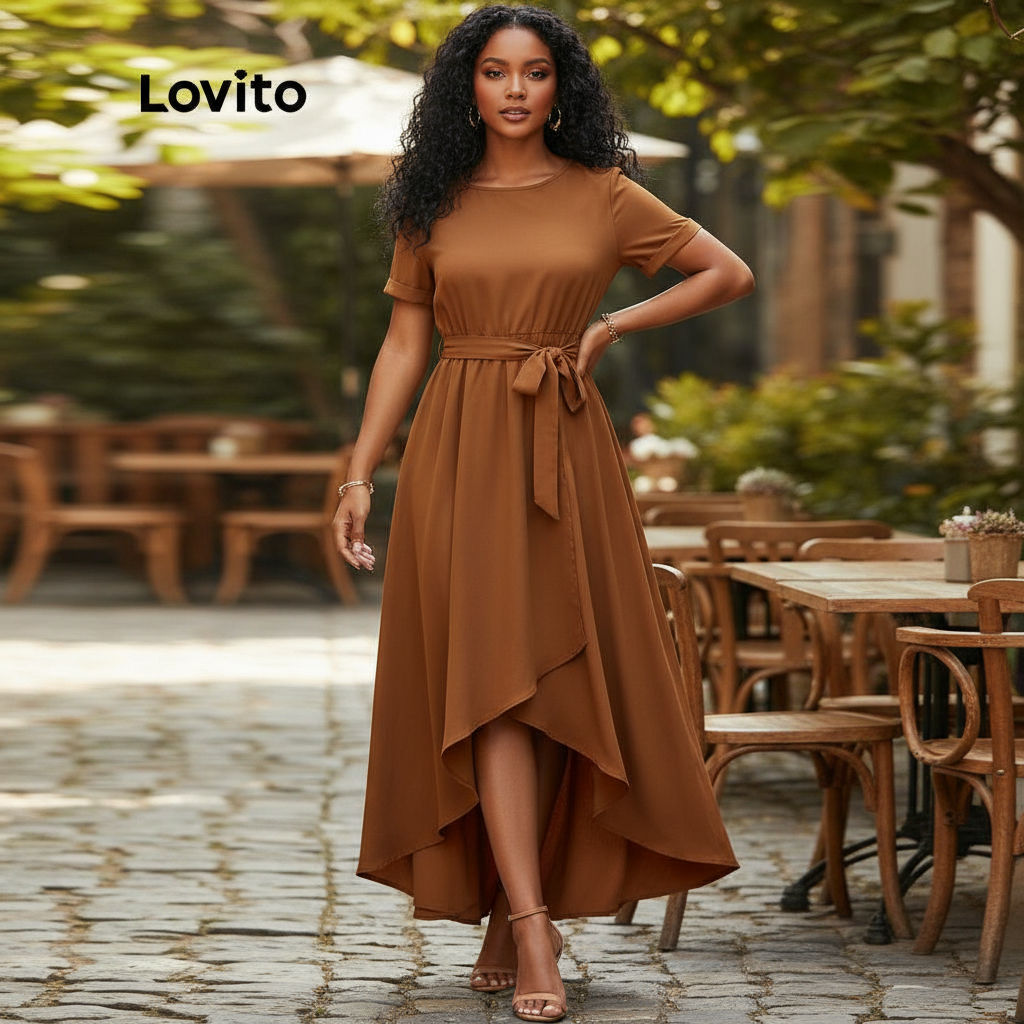 (trendy3)0819DELIST-Lovito ชุดเดรส คอกลม เรียบง่าย สีน้ําตาล L20D032