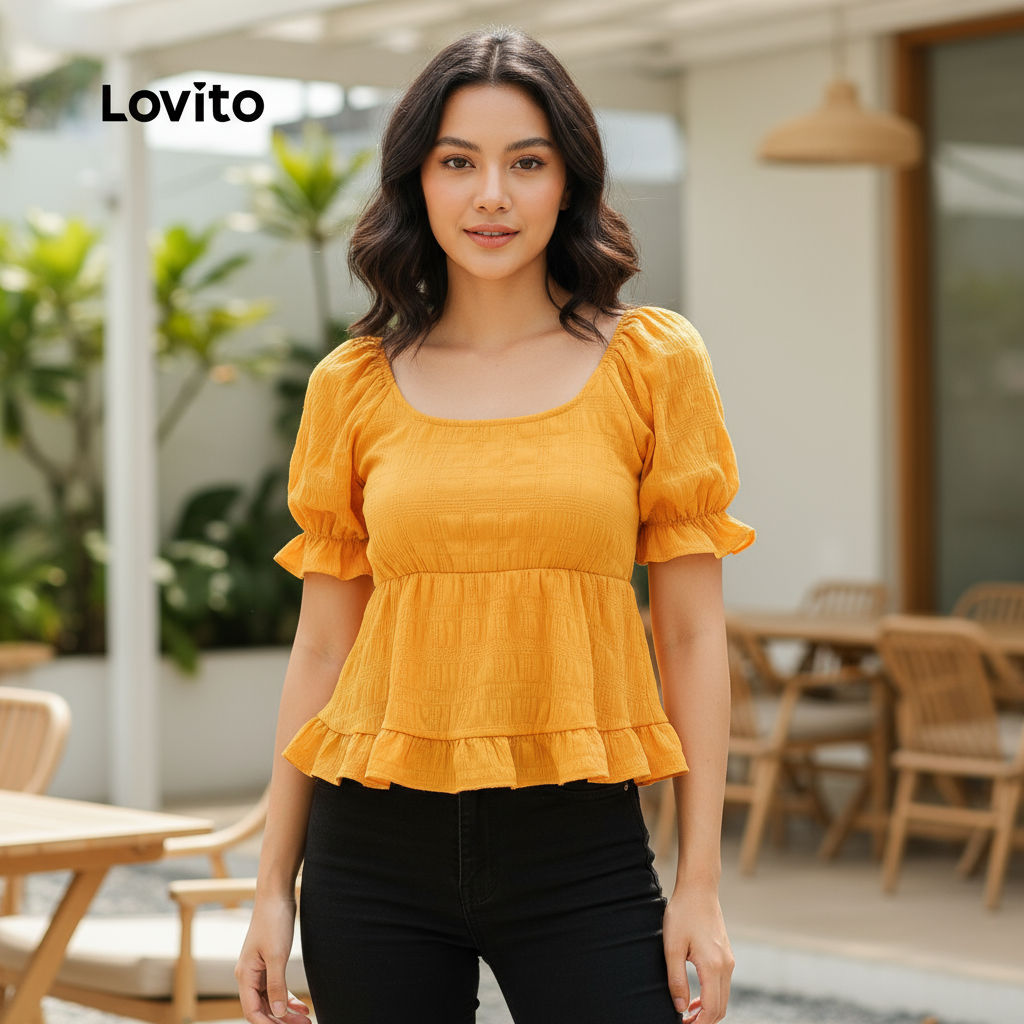 (trendy6)Lovito เสื้อเบลาส์สไตล์โบโฮชายระบายเรียบสำหรับฤดูร้อน/ฤดูใบไม้ผลิสำหรับผู้หญิง L132ED655