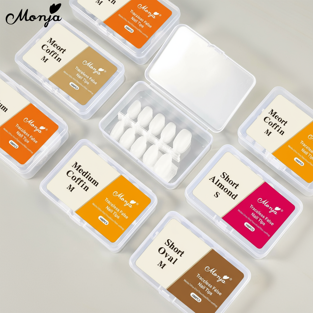 Monja 100PCS เล็บปลอมอัลมอนด์หัวแบนแบบฝ้าทรงบัลเล่ต์ปลายเล็บแบบด้านสําหรับต่อเล็บ DIY ไซส์ S/M