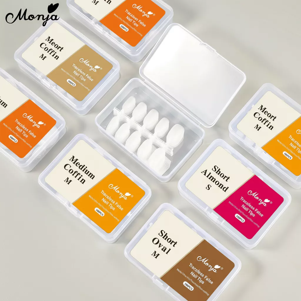 Monja 100PCS เล็บปลอมอัลมอนด์หัวแบนแบบฝ้าทรงบัลเล่ต์ปลายเล็บแบบด้านสําหรับต่อเล็บ DIY ไซส์ S/M