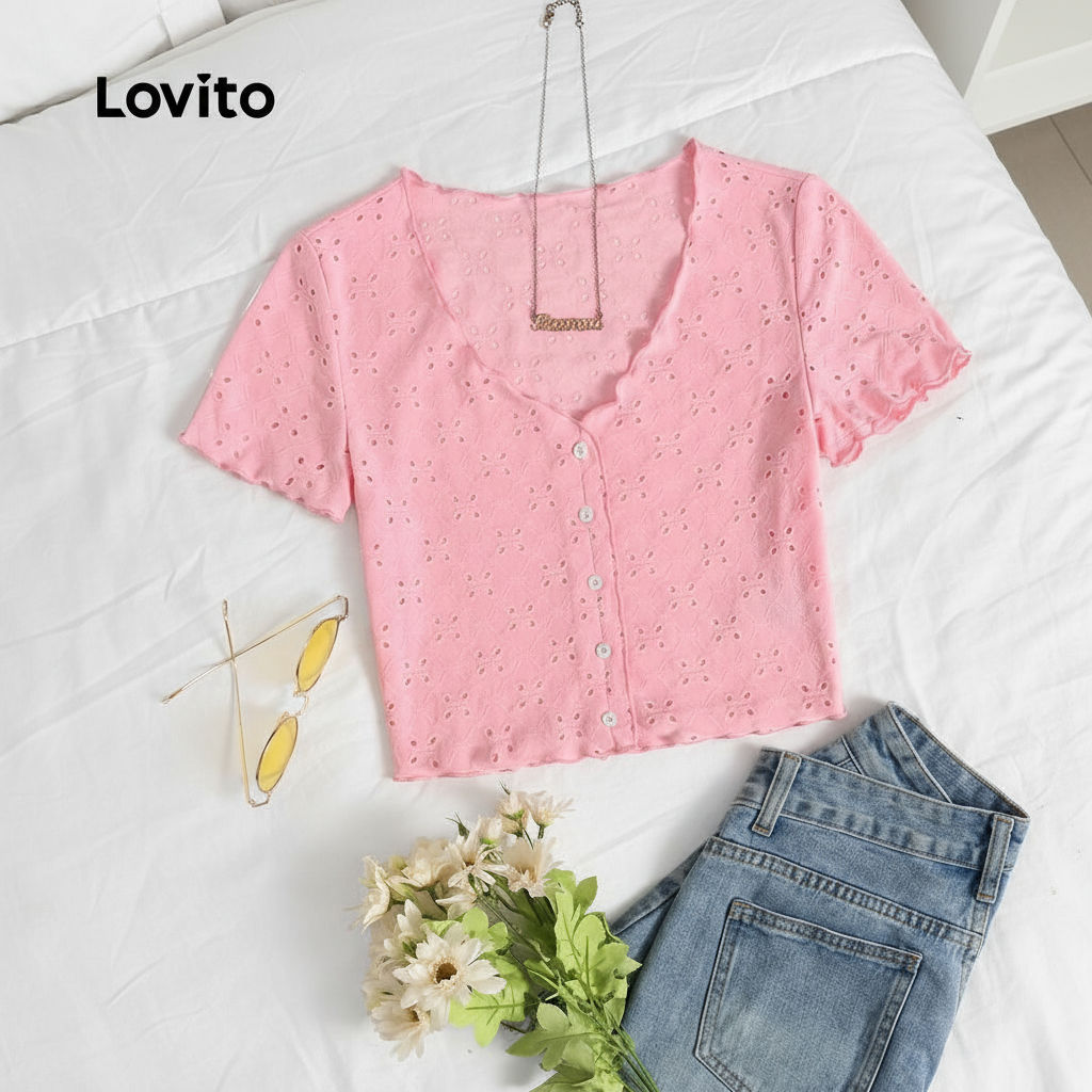 Lovito เสื้อยืดกระดุมหน้าสีพื้นแบบลําลองสําหรับผู้หญิง L129ED633