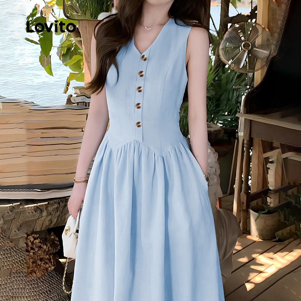 trendy6-Lovito ชุดเดรสฤดูใบไม้ผลิ/ฤดูร้อนสีฟ้าซิปธรรมดาหรูหราสําหรับผู้หญิง L134LD189