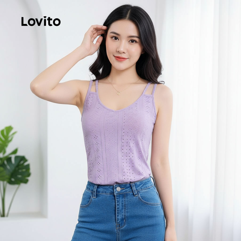 trendy2-Lovito เสื้อกล้าม ผ้าแจ็คการ์ด ไหล่เย็นธรรมดาแบบลําลองสําหรับผู้หญิง L129ED657