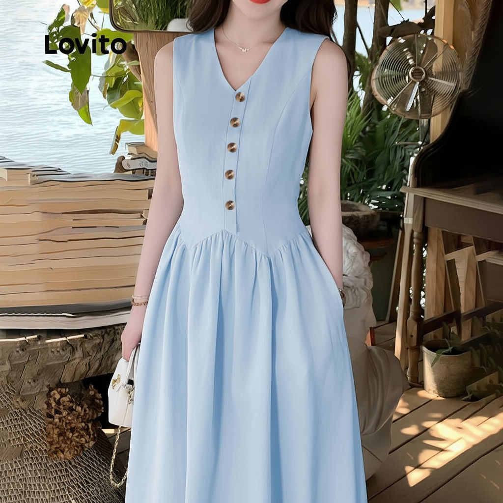trendy3-Lovito ชุดเดรสฤดูใบไม้ผลิ/ฤดูร้อนสีฟ้าซิปธรรมดาหรูหราสําหรับผู้หญิง L134LD189