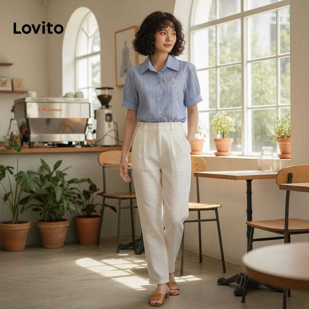 (Fashion_3) Lovito เตรียมใจ เสื้อลายเย็บปักถักร้อยปุ่มด้านหน้าพัฟแขนเสื้อสําหรับผู้หญิง L58AD035 (สี