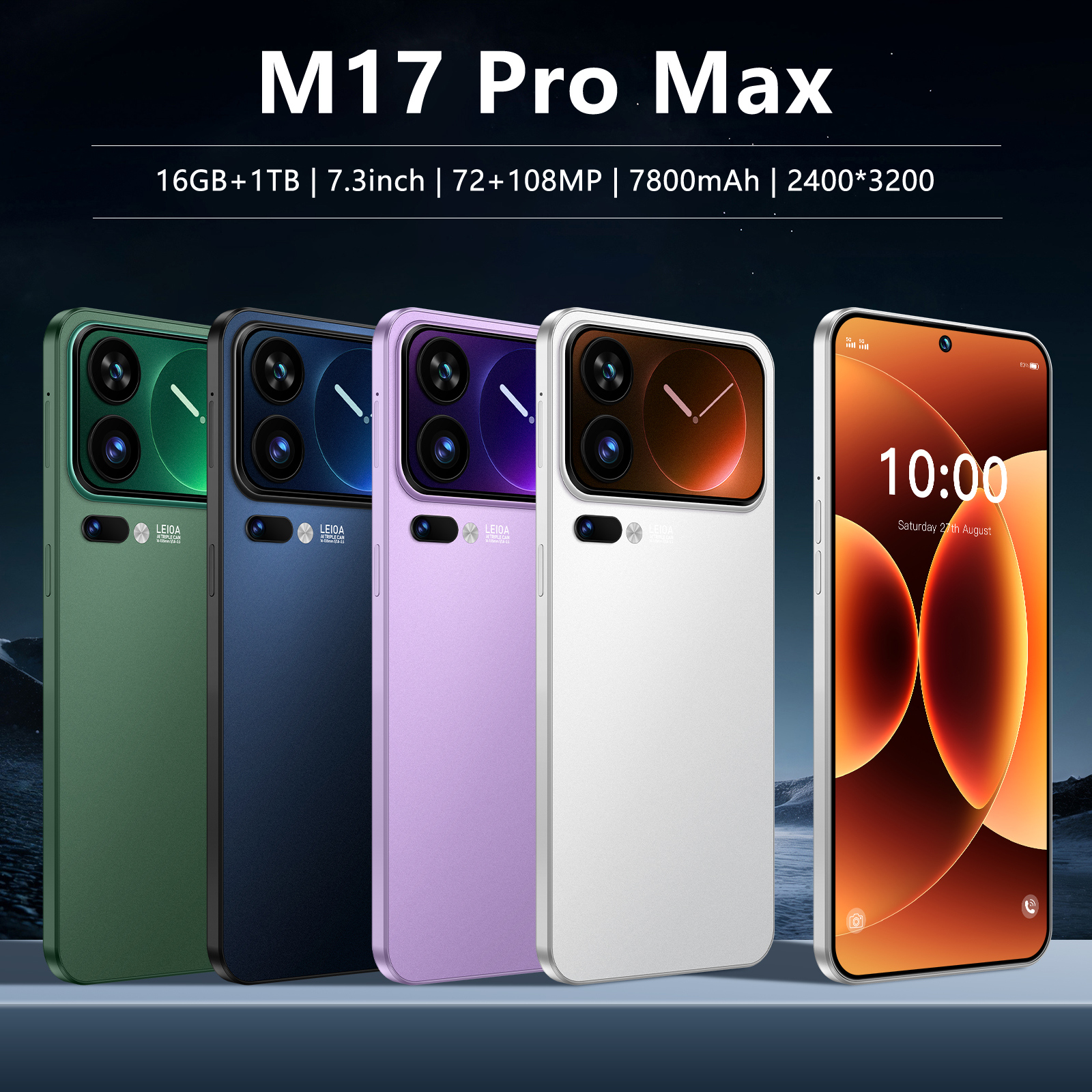 โทรศัพท์แอนดรอยด์หน้าจอใหญ่ M17Pro Max ขายดี แรม 16GB แบตอึด ใหม่