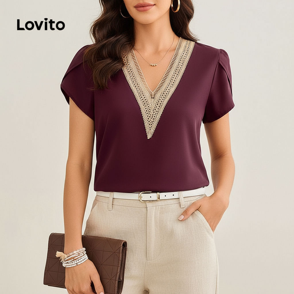 trendy5-Lovito เสื้อหรูหราเสื้อคอระบายธรรมดาสําหรับผู้หญิง LBL19214