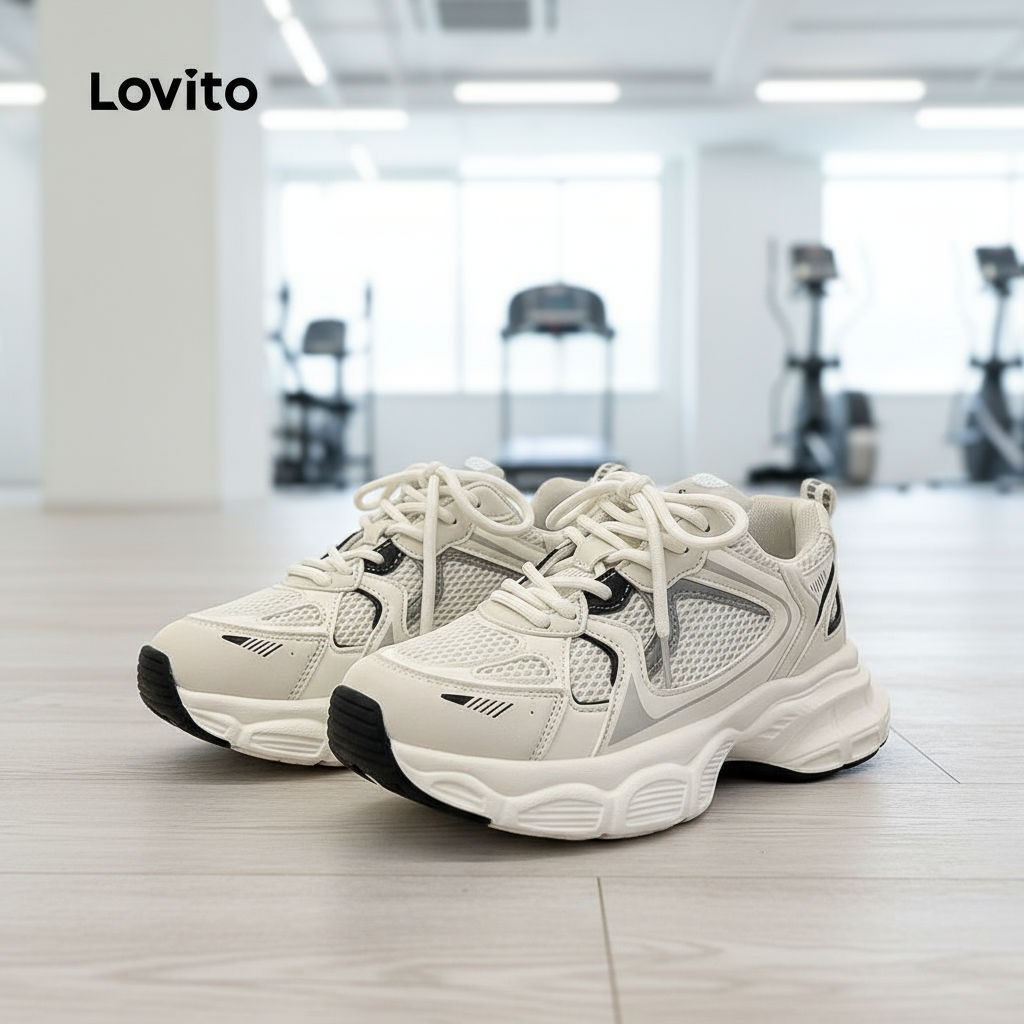 (trendy4)Lovito รองเท้าผ้าใบผู้หญิง เพิ่มความสูง ระบายอากาศ สีเรียบ สไตล์ลำลอง LFA40382