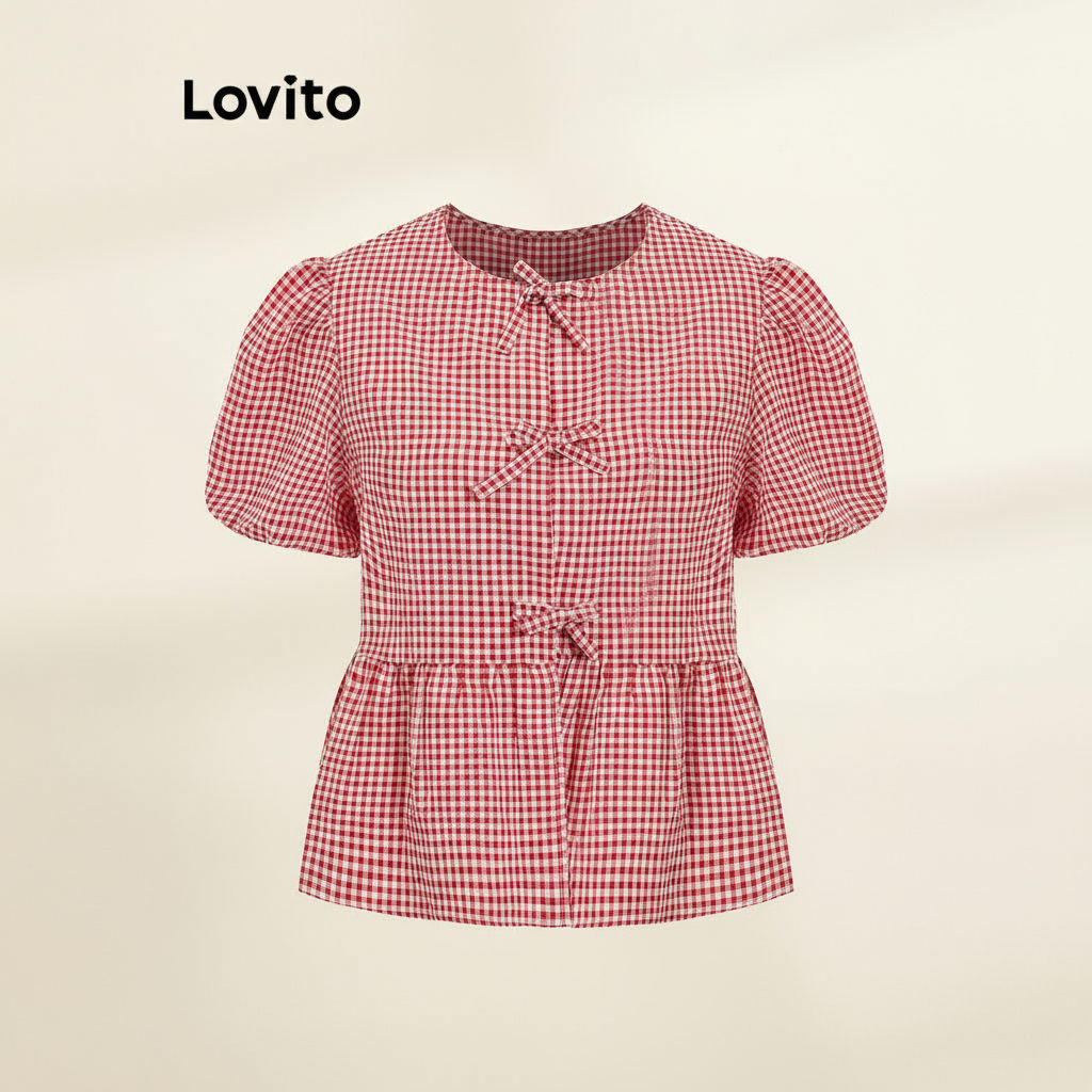 (Trendy2) Lovito เสื้อเบลาส์น่ารัก เสื้อเบลาส์โบว์หน้าผูกโบว์สําหรับผู้หญิง L101AD087