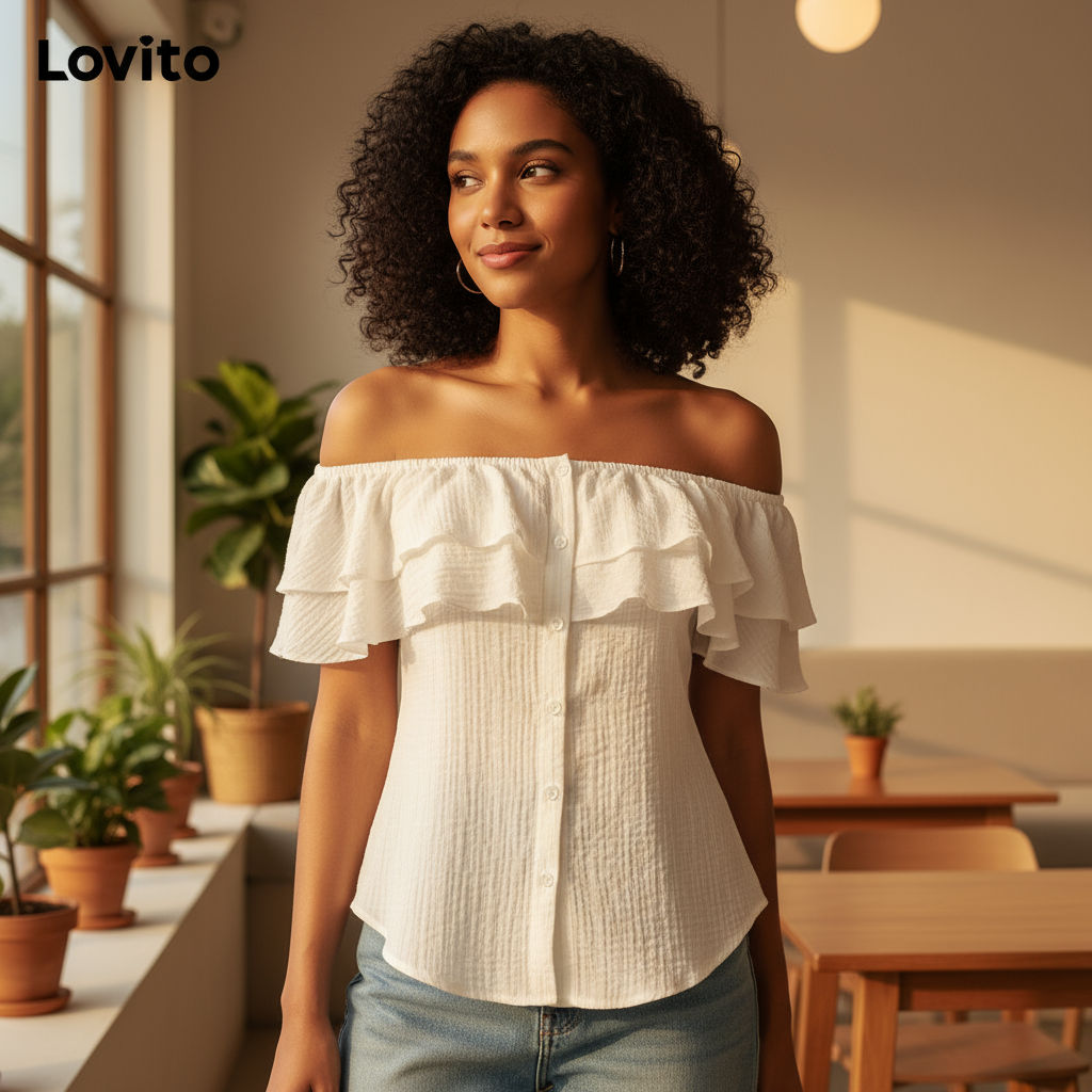 (Fashion_2) Lovito เสื้อลําลองผ้าพื้นผิวธรรมดานัวเนียปุ่มฤดูใบไม้ผลิและฤดูร้อนเสื้อสําหรับผู้หญิง L7