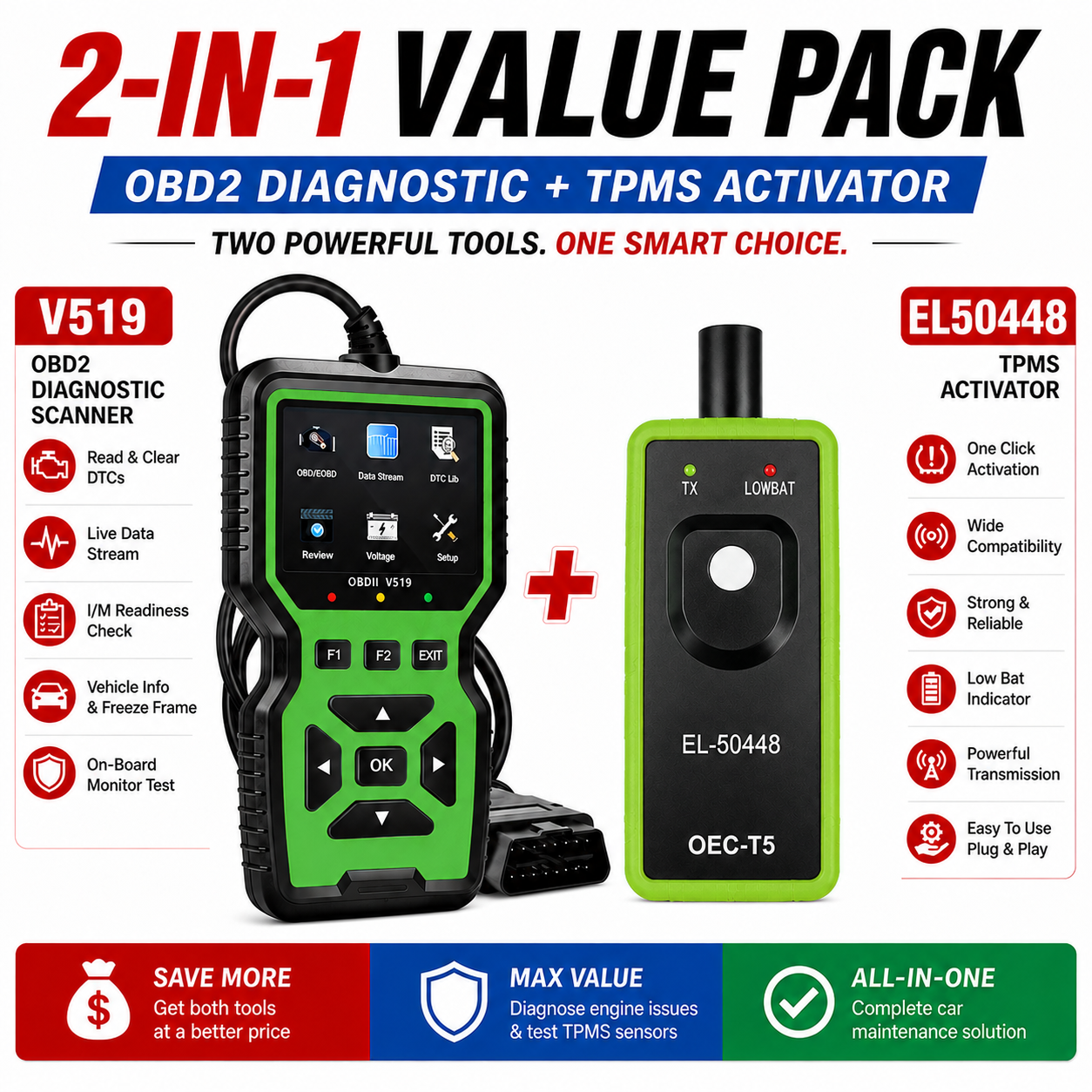 El-50448 Tpms รีเซ็ตเครื่องมือ & V519 Obd2 Scanner Combo Kit, Obd Ii เครื่องอ่านรหัสรถยนต์รีเซ็ตความ