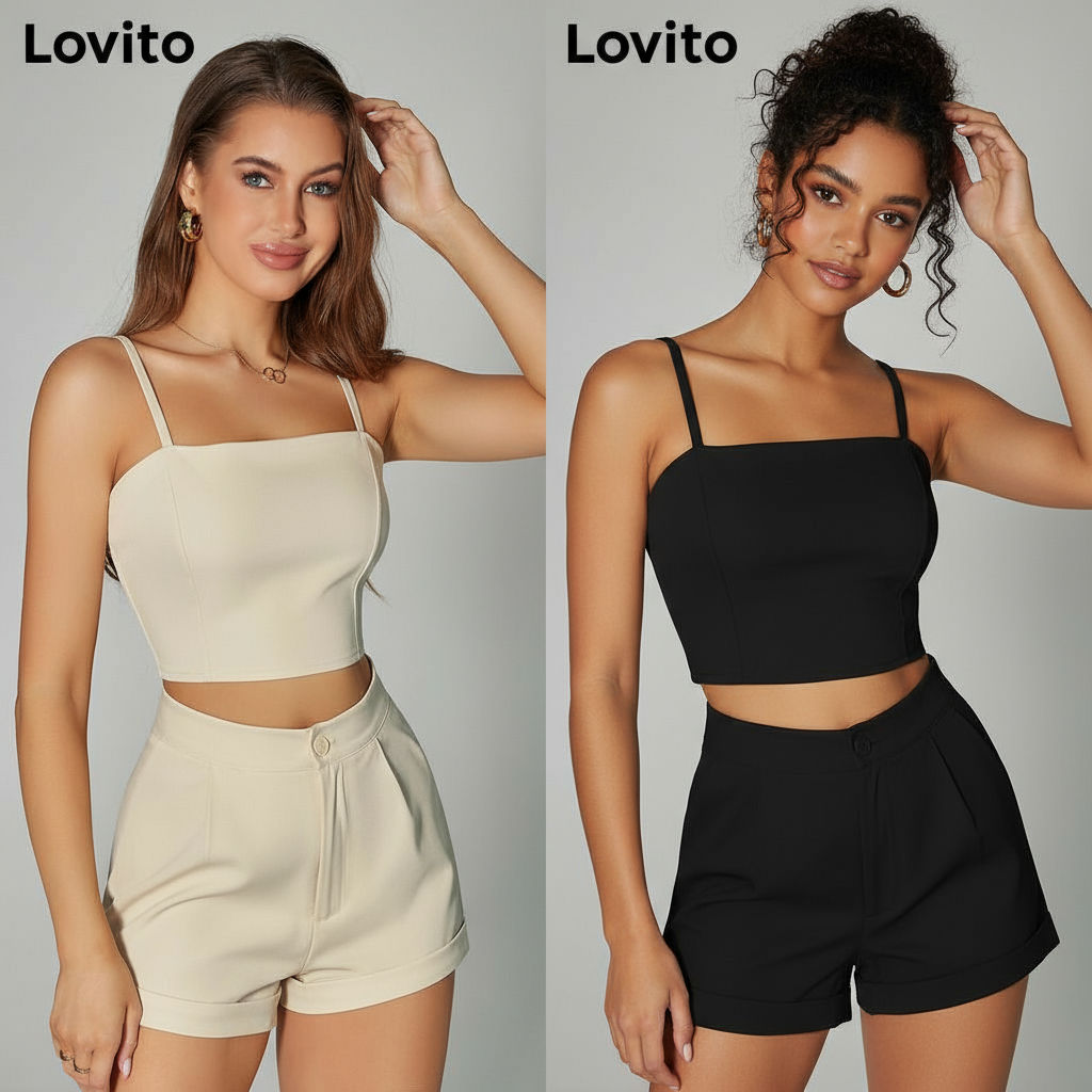 Lovito ชุดกางเกงขาสั้นมีซิปสีพื้นสองชิ้นแบบลําลองสําหรับผู้หญิง LBA05188 (แอปริคอท)