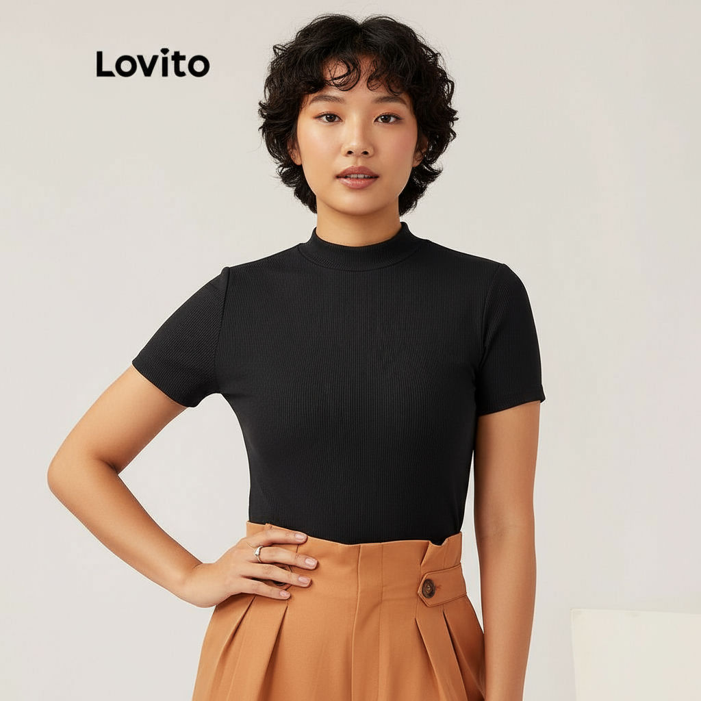 (Trendy2) Lovito เสื้อยืดลําลอง ซี่โครงธรรมดา-ถักยืนปกเสื้อยืดแขนสั้นสําหรับผู้หญิง L21LT011 (ดํา/แอ