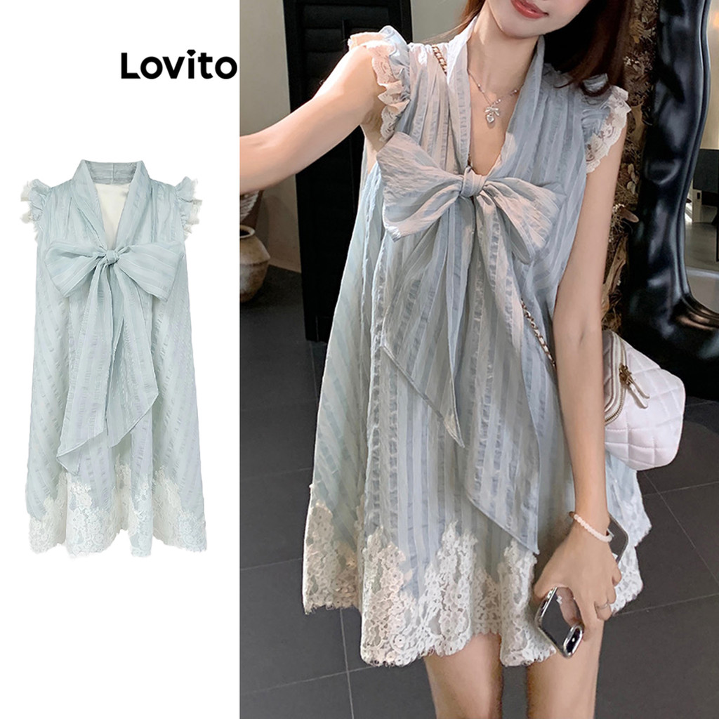 (Trendy2) Lovito ชุดเดรสลําลองชุดเดรสด้านหน้าโบว์ลูกไม้ลายทางสําหรับผู้หญิง LNA75576 (หลากสี)