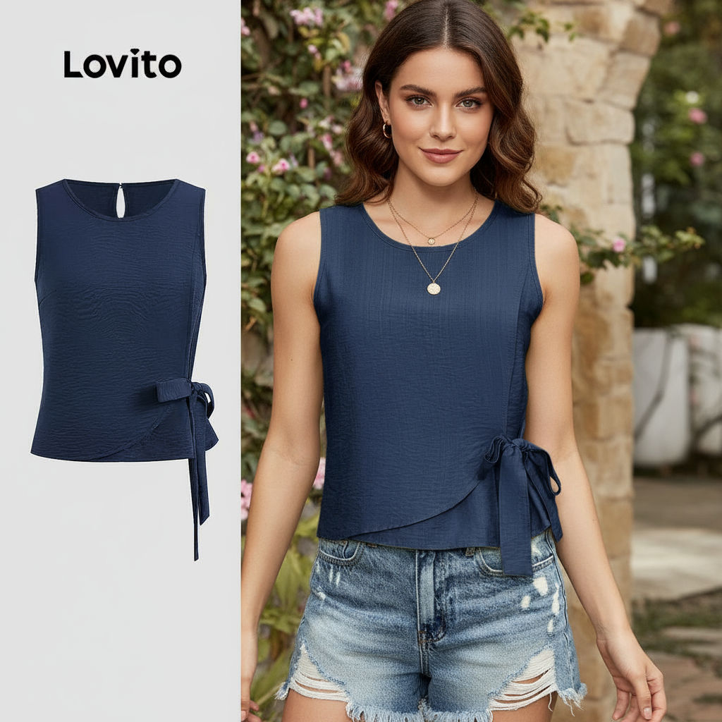 (Trendy2) Lovito เสื้อกล้ามลำลองสีพื้นไม่สมมาตรสำหรับผู้หญิงในช่วงฤดูร้อน L123ED655