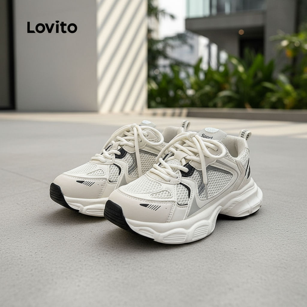 (trendy3)Lovito รองเท้าผ้าใบผู้หญิง เพิ่มความสูง ระบายอากาศ สีเรียบ สไตล์ลำลอง LFA40382