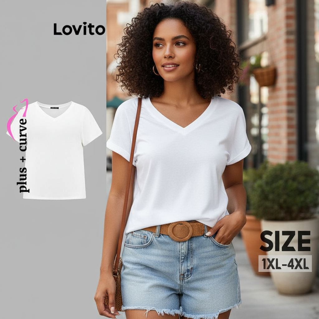 Lovito เสื้อยืดสาวอวบ ผ้าถัก สีพื้น สไตล์ลำลอง LBL16156