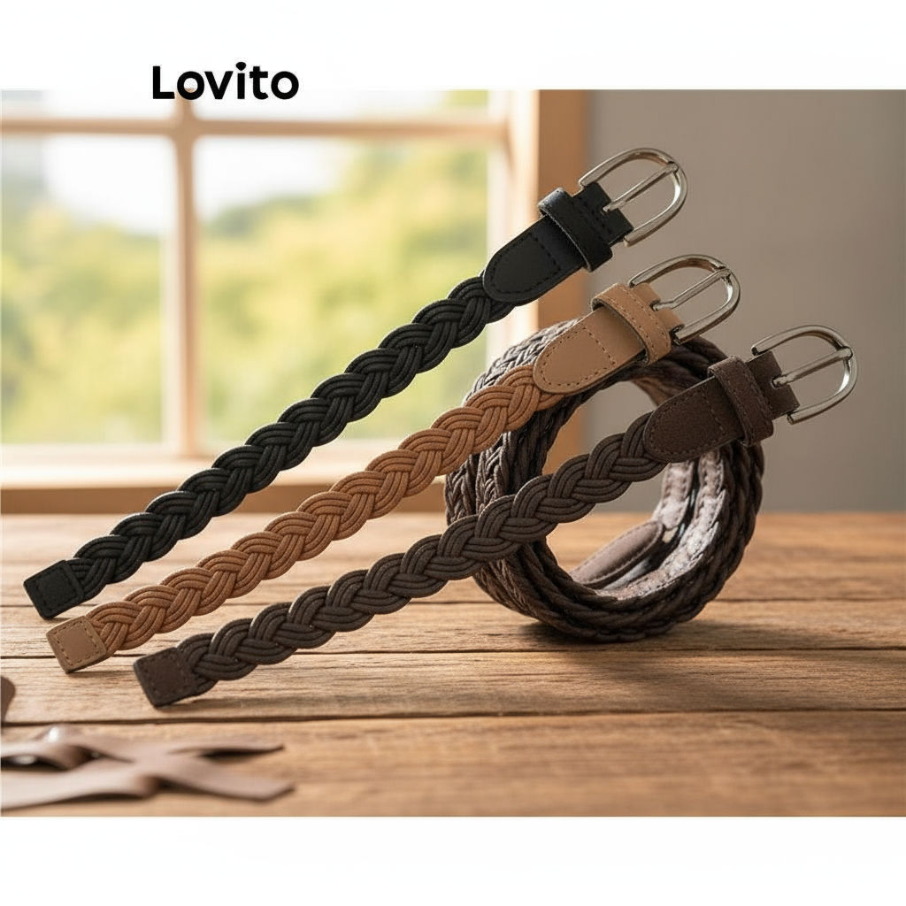 (Fashion_4) Lovito เข็มขัดผู้หญิง แบบสายถักเปีย สีเรียบ สไตล์ลำลอง LFA33213