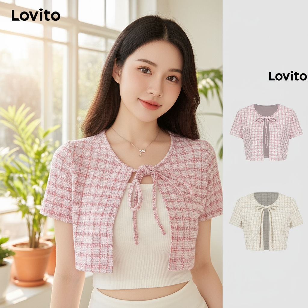 Lovito เสื้อเชิ้ตผู้หญิงลูกไม้ด้านหน้าลายสก็อตสไตล์ลําลองสําหรับฤดูใบไม้ผลิและฤดูร้อน L90AD001 (หลาย