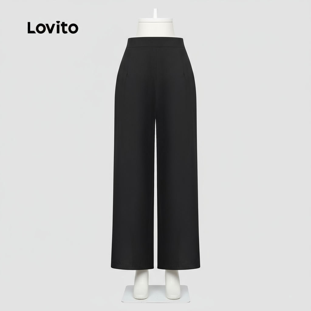 Lovito กางเกงสีดําโลหะอสมมาตรหรูหราสําหรับผู้หญิง LBL25102