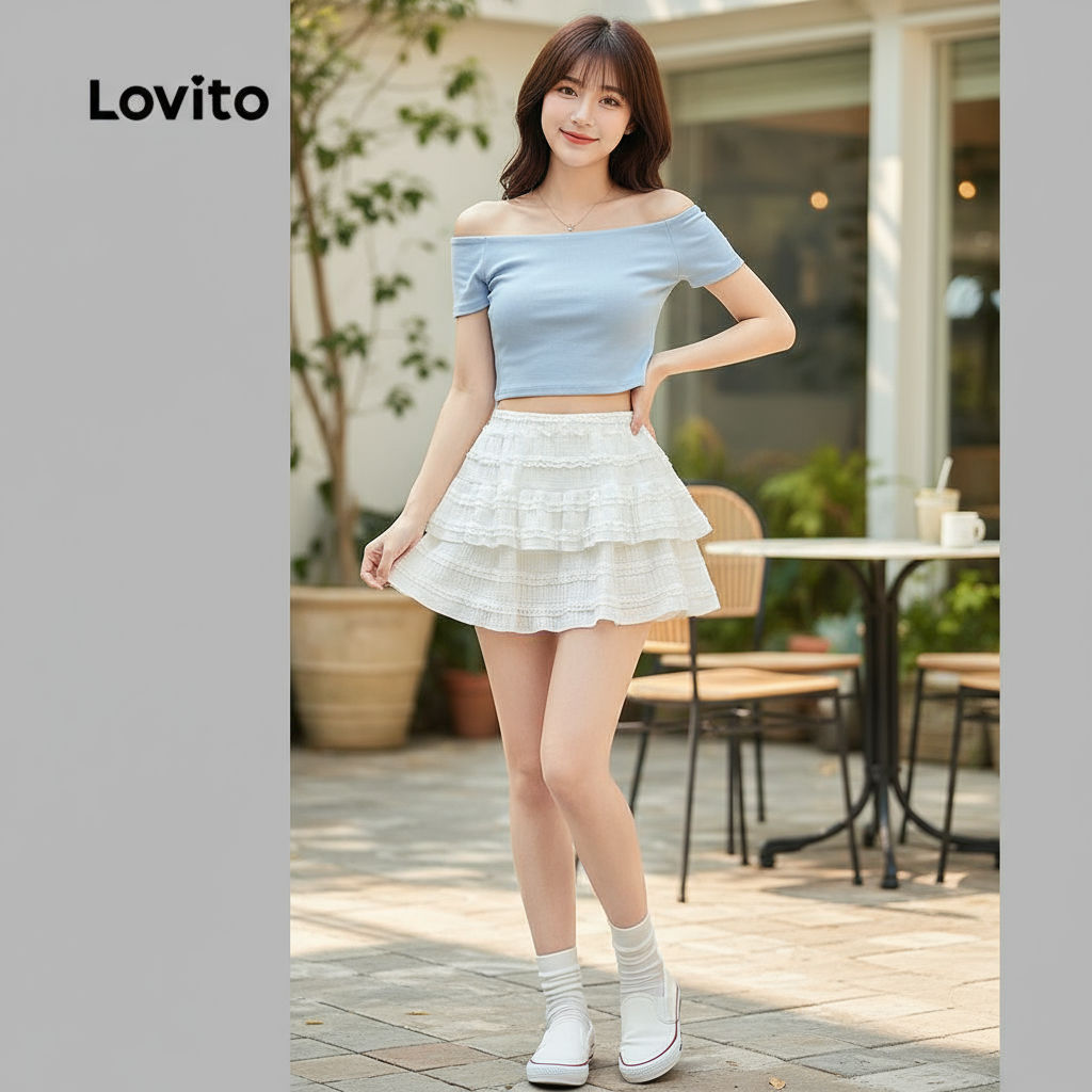 (Trendy2) Lovito กระโปรงลําลองกระโปรงชายระบายธรรมดาสําหรับผู้หญิง L88AD161