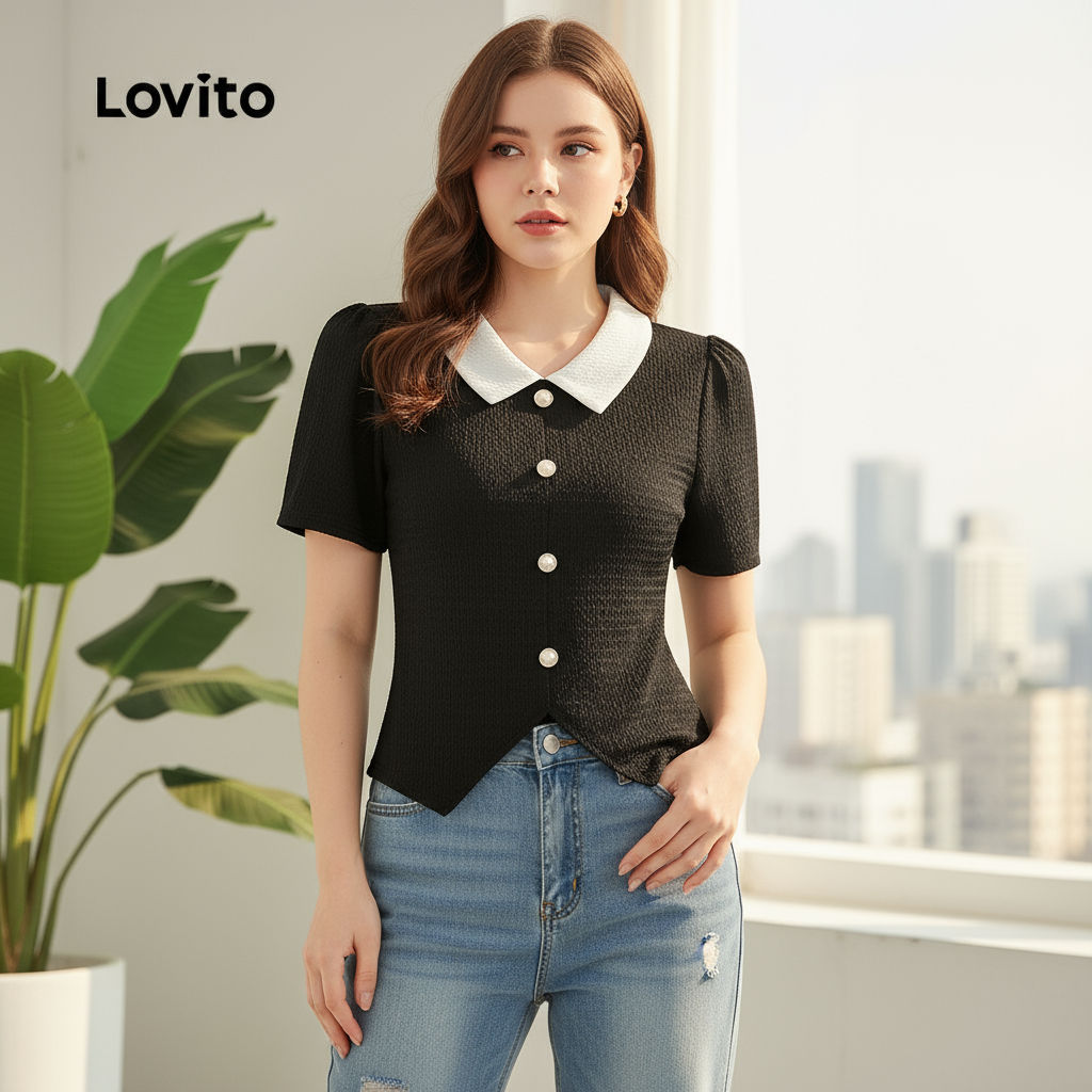 (trendy4)Lovito สง่างามผ้าปะติดแยกด้านหน้า สีบล็อกผ้าเย็บเสื้อสําหรับผู้หญิง L132ED445