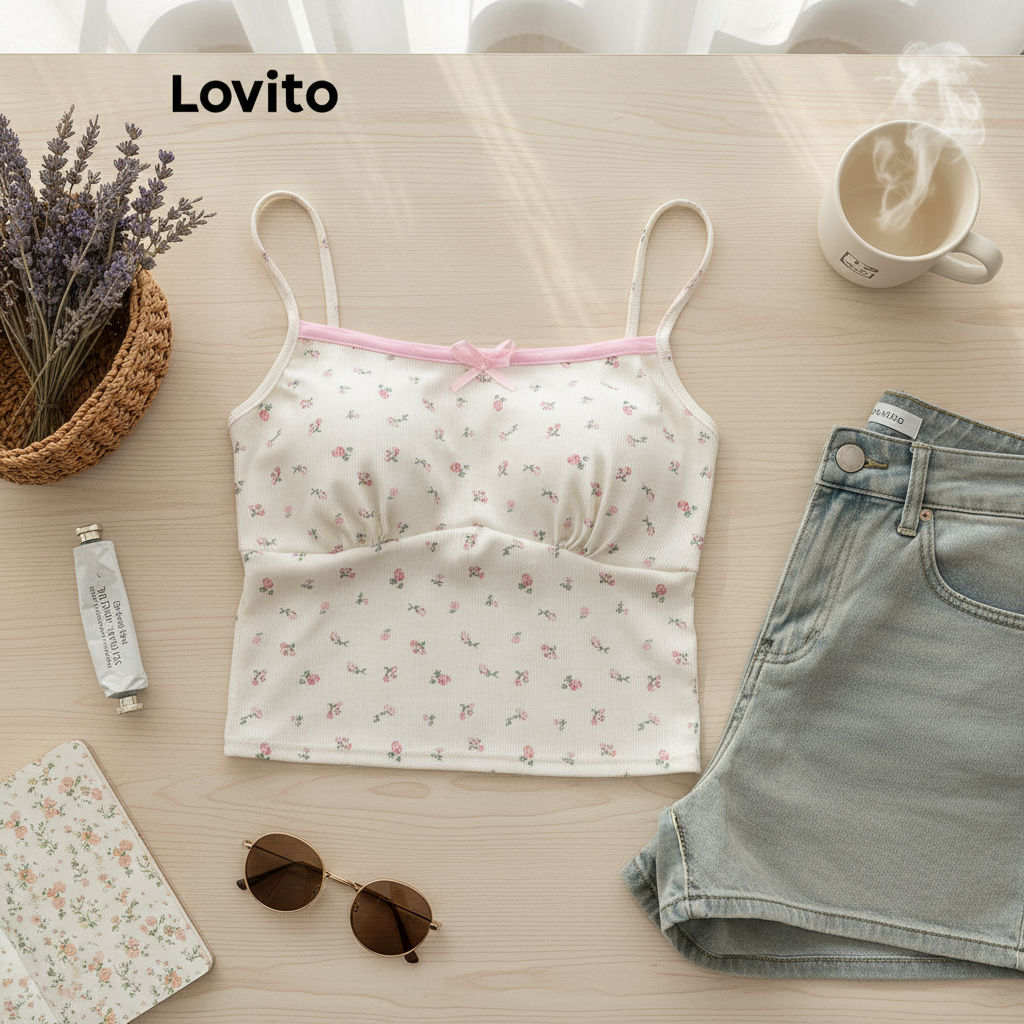 (trendy3)Lovito เสื้อกล้ามลายด้านหน้าโบว์ลายดอกไม้ลําลองสําหรับผู้หญิง L122AD044