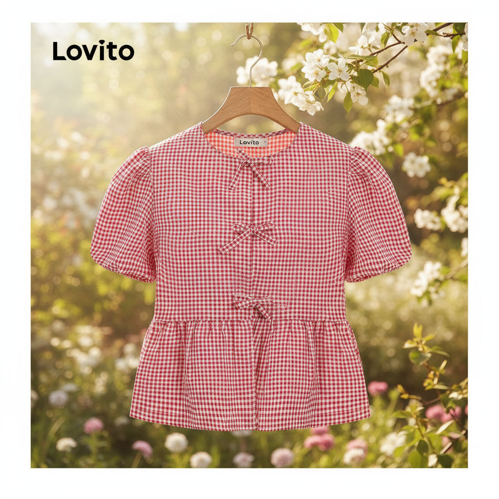 (Fashion_4) Lovito เสื้อเบลาส์น่ารัก เสื้อเบลาส์โบว์หน้าผูกโบว์สําหรับผู้หญิง L101AD087