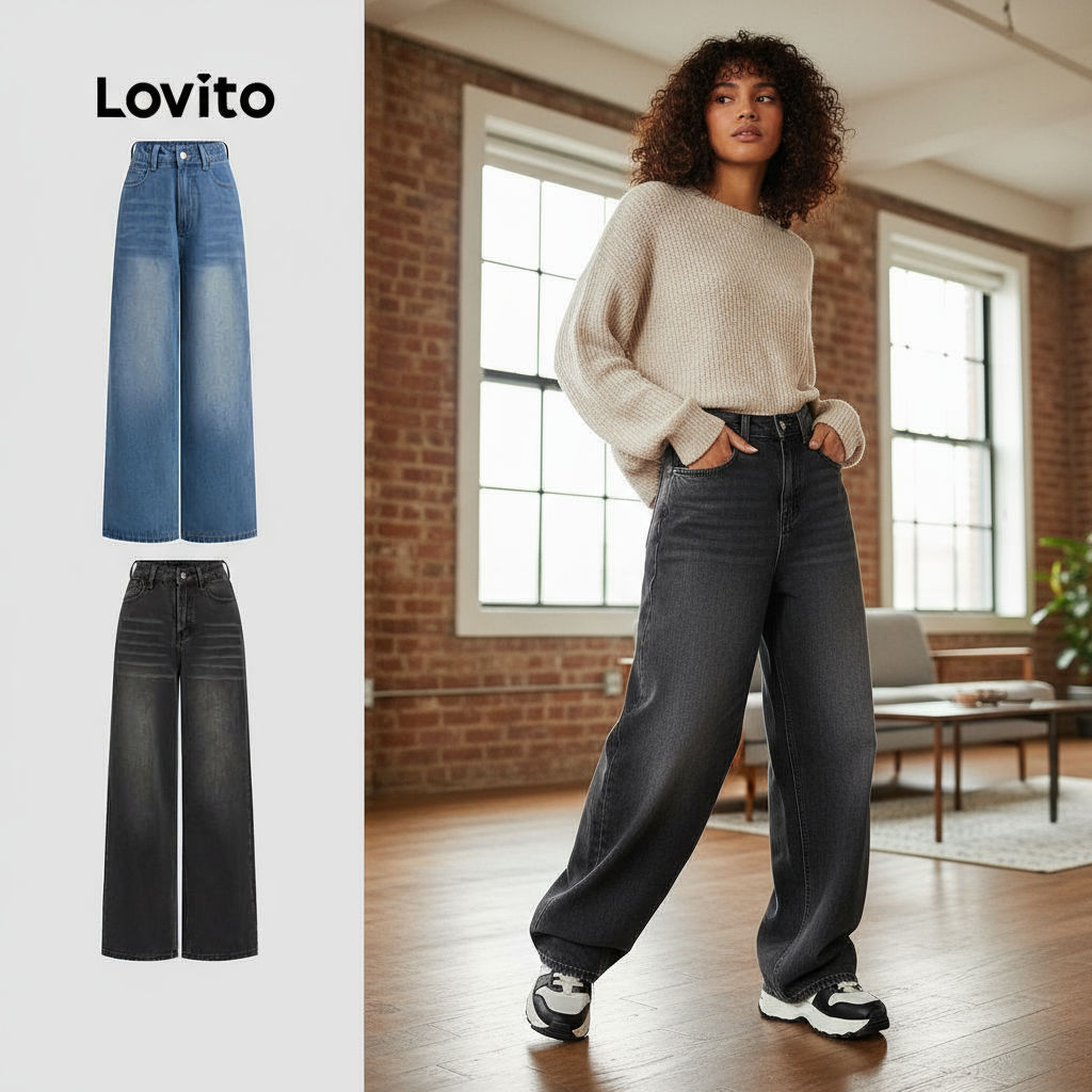 (Fashion_2) Lovito กางเกงยีนส์ลําลอง Cats Whiskers กระเป๋าJeans สําหรับผู้หญิง L106AD1240