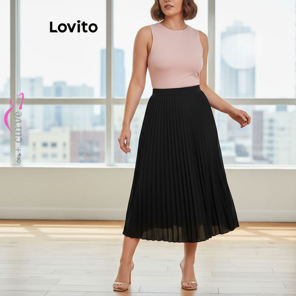 (trendy3)Lovito กระโปรงสาวอวบ แต่งจีบ สีพื้น สไตล์หรูหรา LBL16158