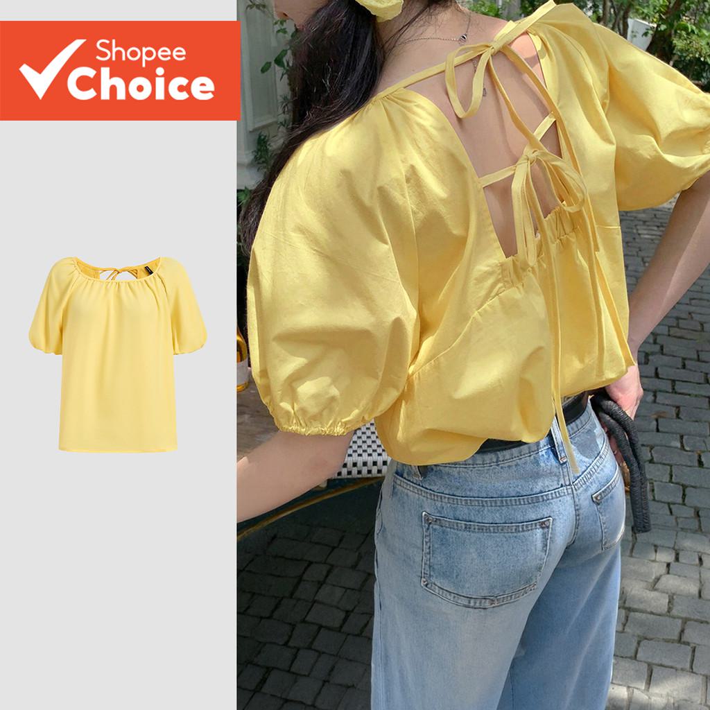 Lovito เสื้อเชิ้ตผู้หญิงลําลอง ผูกเชือกง่าย สีเหลือง เหมาะกับฤดูใบไม้ผลิ/ฤดูร้อน รุ่น L176ED027