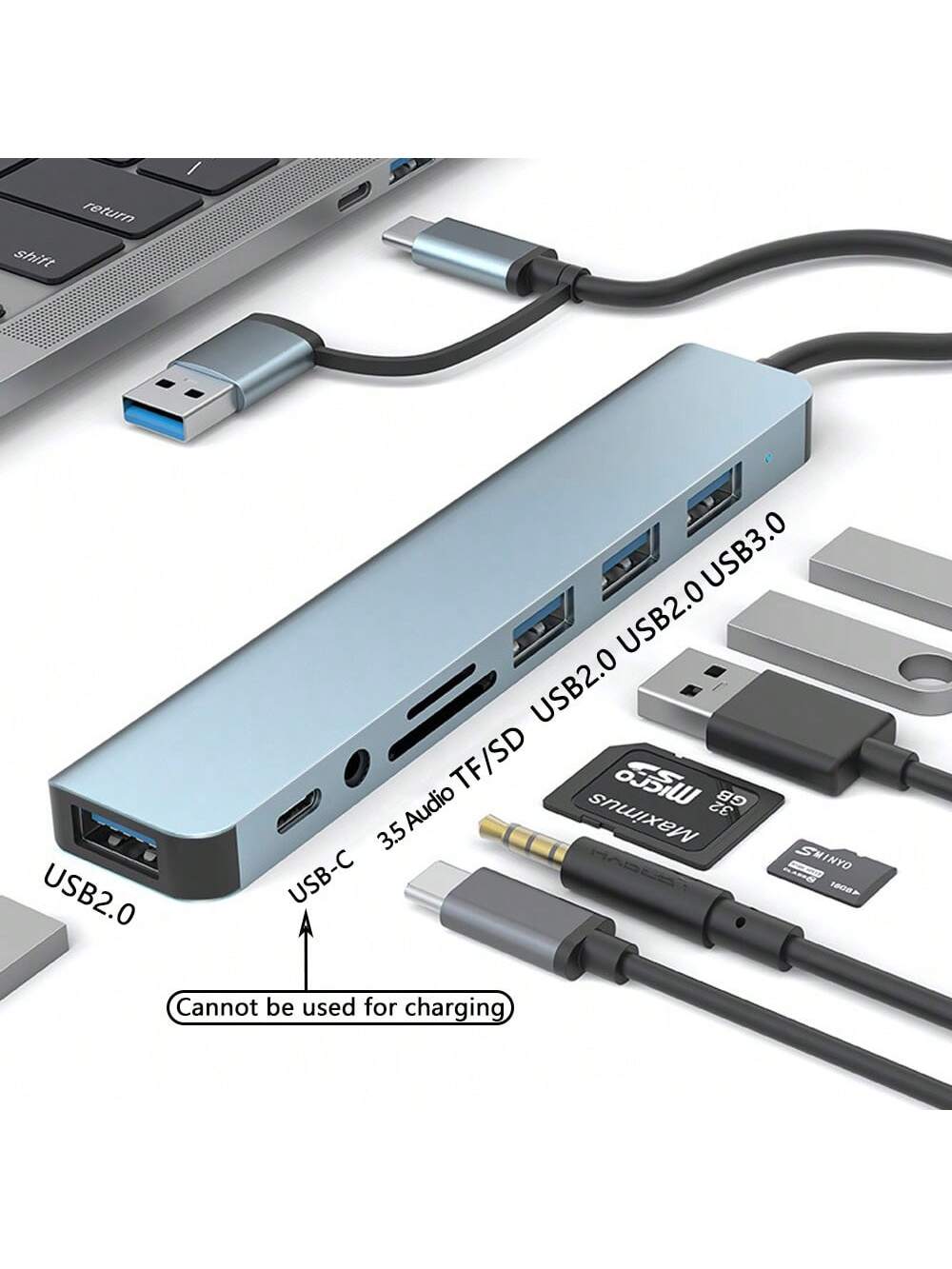 ฮับ USB อลูมิเนียม 8in1 Extender พร้อมเครื่องอ่านการ์ด SD/TF แจ็คหูฟังสําหรับ MacBook PC แล็ปท็อปแท็บเล็ต