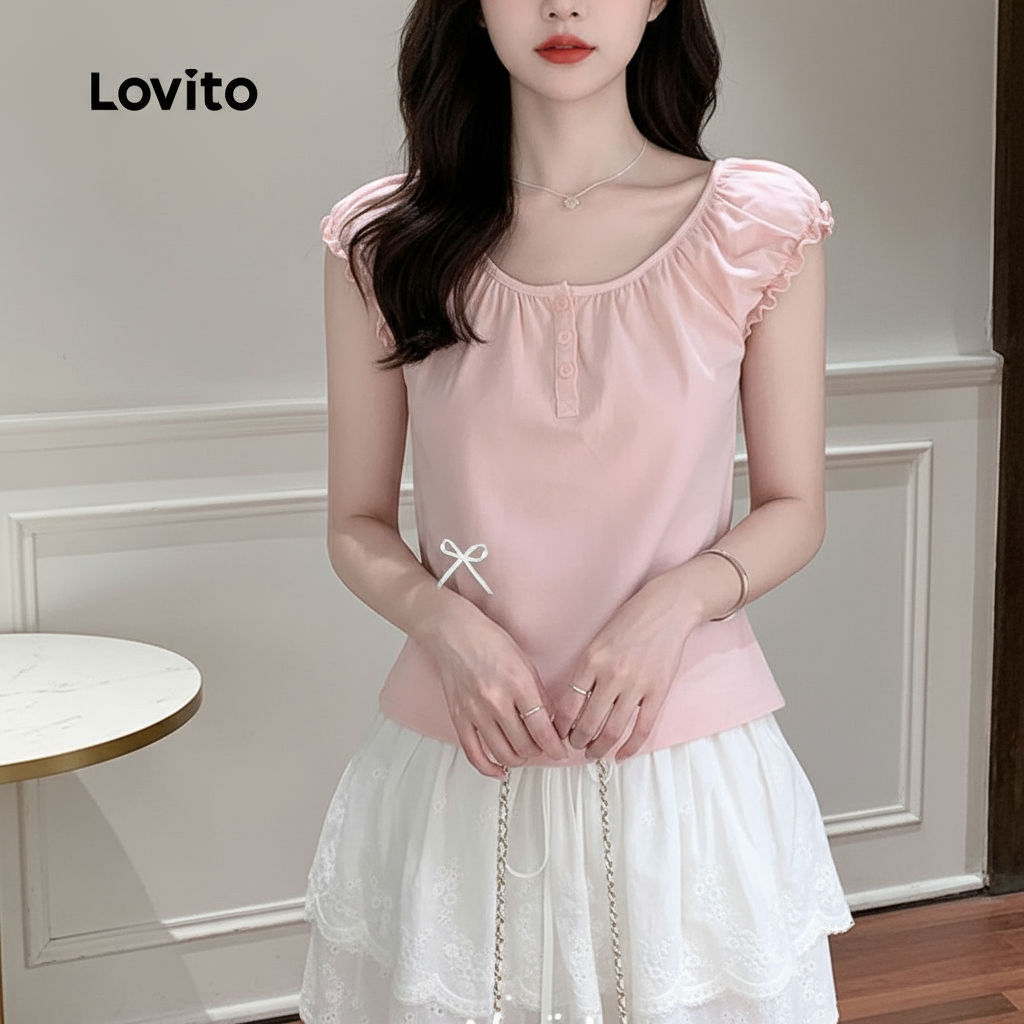 trendy3-Lovito เสื้อเบลาส์สีชมพูฤดูใบไม้ผลิ/ฤดูร้อนโบว์ธรรมดาน่ารักสําหรับผู้หญิง L136AD424