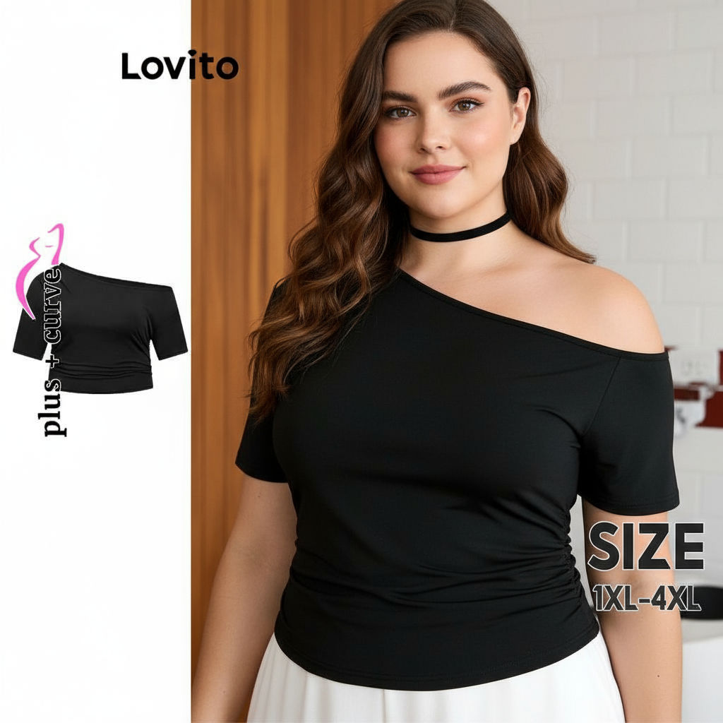 Lovito เสื้อยืดสาวอวบ เปิดไหล่ สีพื้น สไตล์หรูหรา LBL16532
