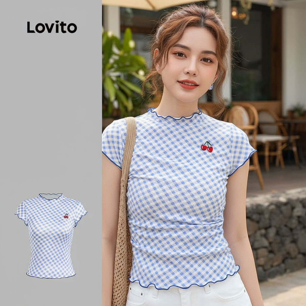 Lovito เสื้อยืดสบาย ๆ ปักลาย ซีซั่น สีน้ำเงิน สำหรับผู้หญิง L151AD476\1