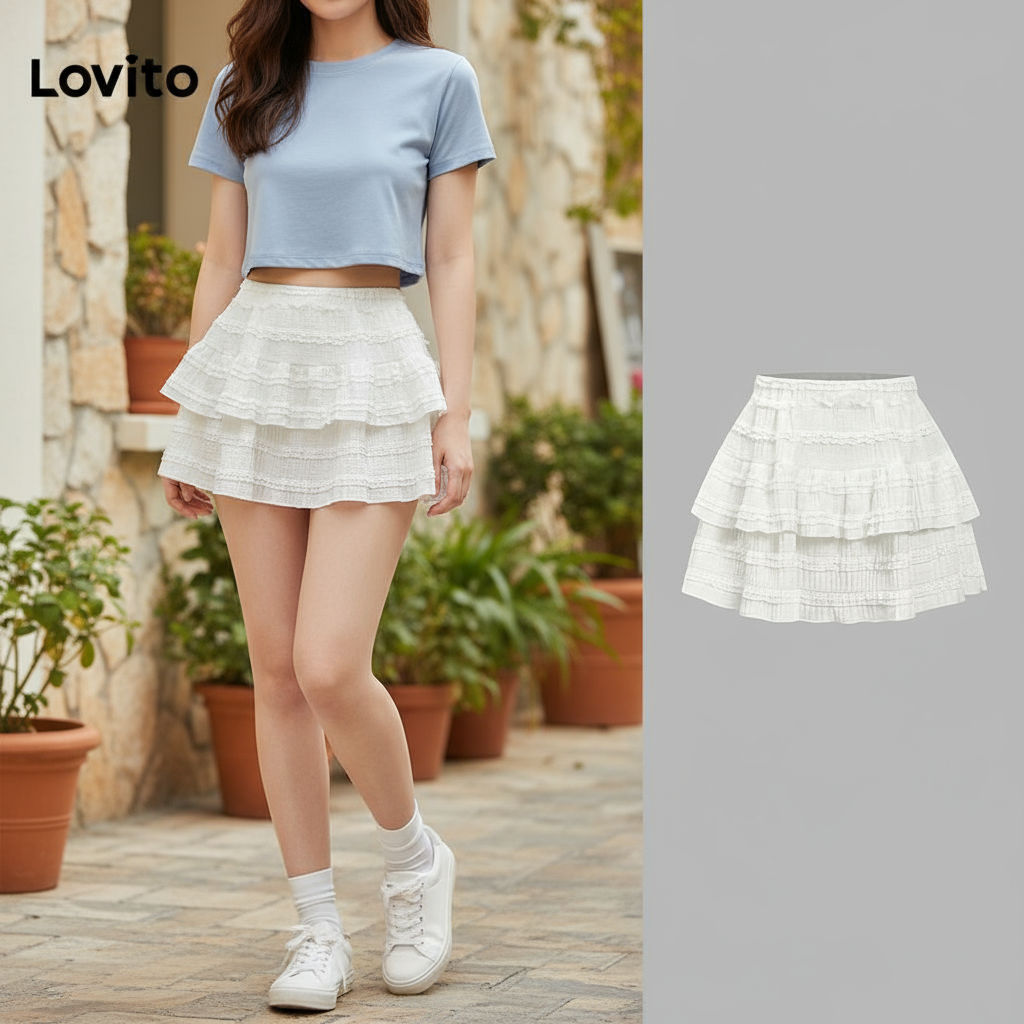 (Fashion_4) Lovito กระโปรงลําลองกระโปรงชายระบายธรรมดาสําหรับผู้หญิง L88AD161