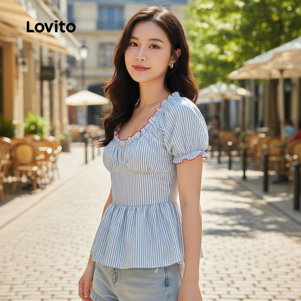 (Fashion_4) Lovito เสื้อน่ารักลายจีบคมชัดผูกพันสม็อคฤดูร้อน/ฤดูใบไม้ผลิเสื้อสําหรับผู้หญิง L125AD492