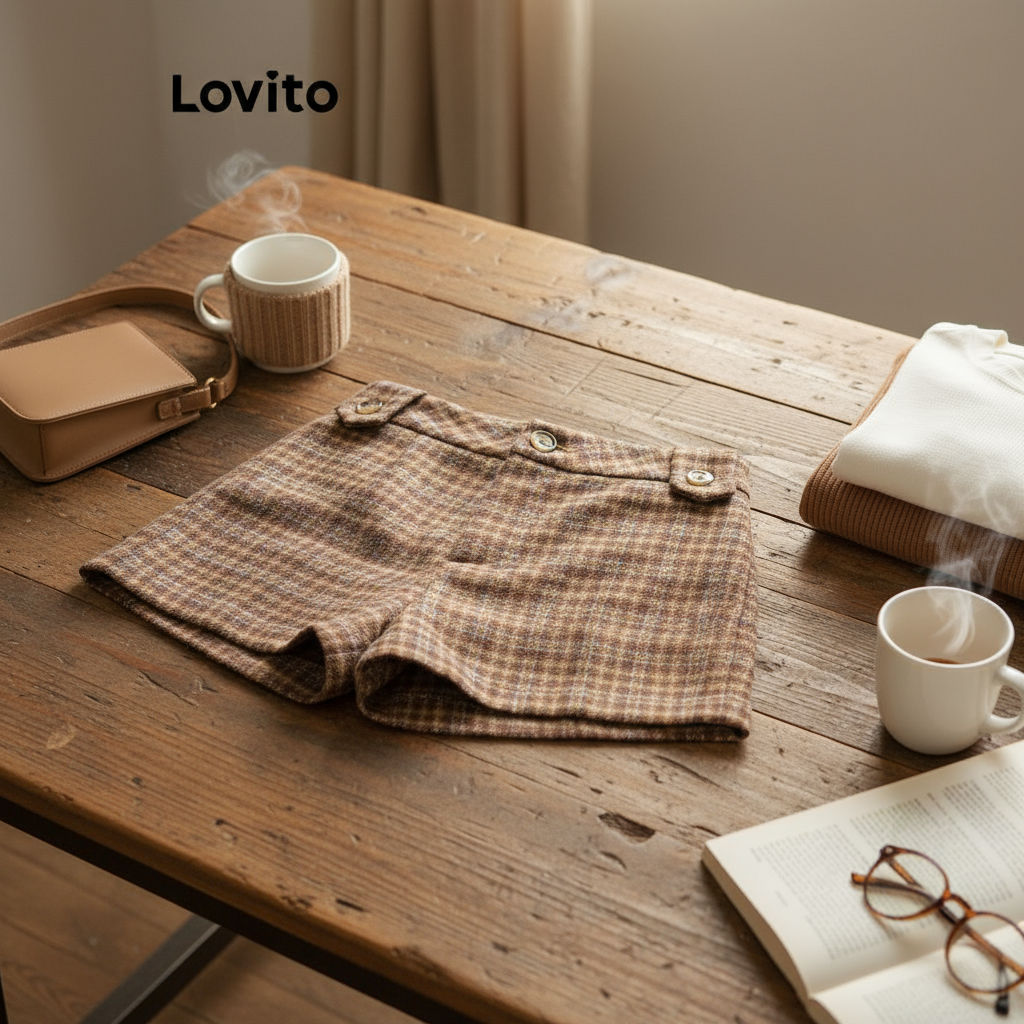 (trendy6)Lovito กางเกงขาสั้นลายสก็อตลำลองสำหรับผู้หญิง L110AD476