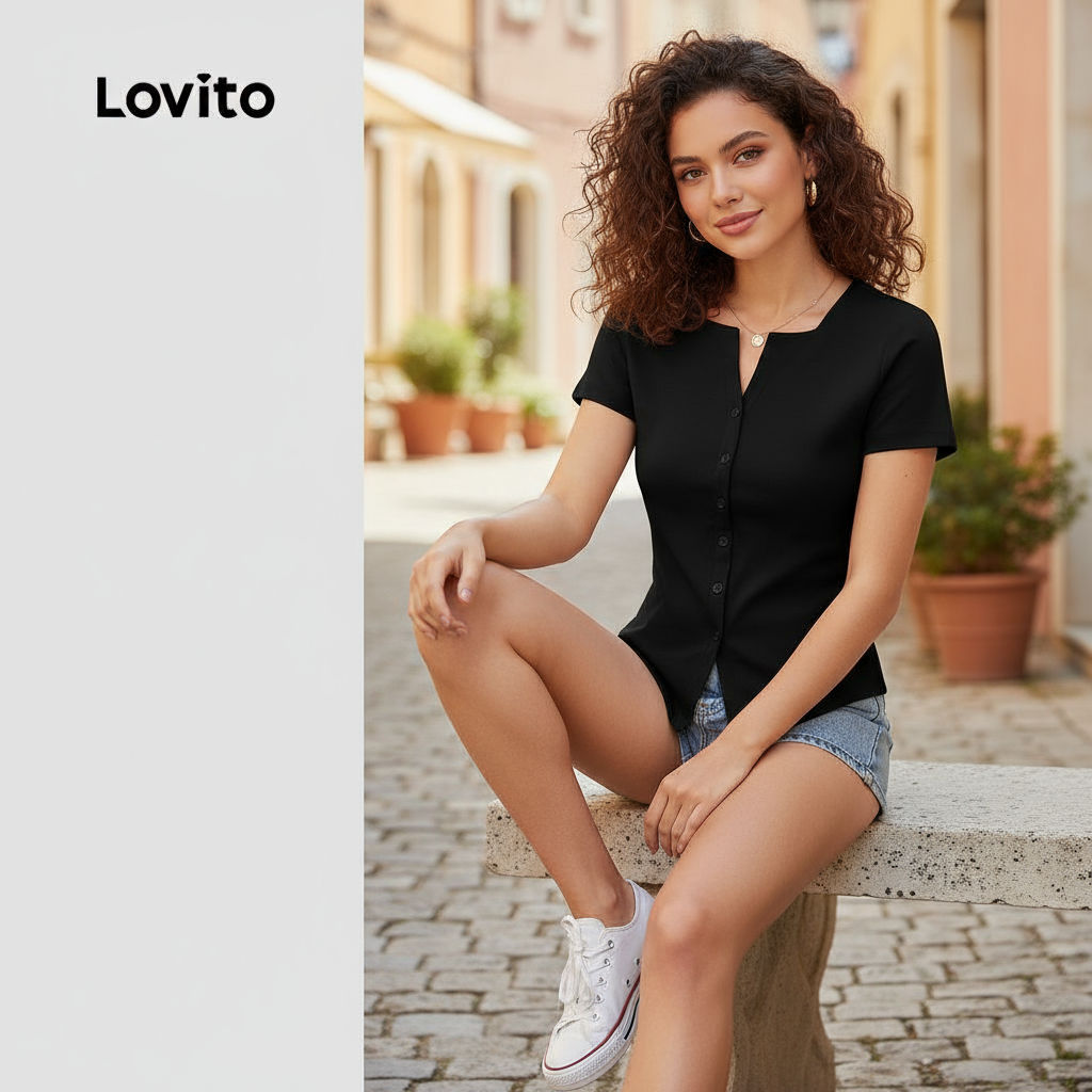 Lovito เสื้อยืดผู้หญิง สีดํา ดีไซน์กระดุมเรียบ หน้าแยก สําหรับฤดูใบไม้ผลิ ฤดูร้อน รุ่น L135A2D216