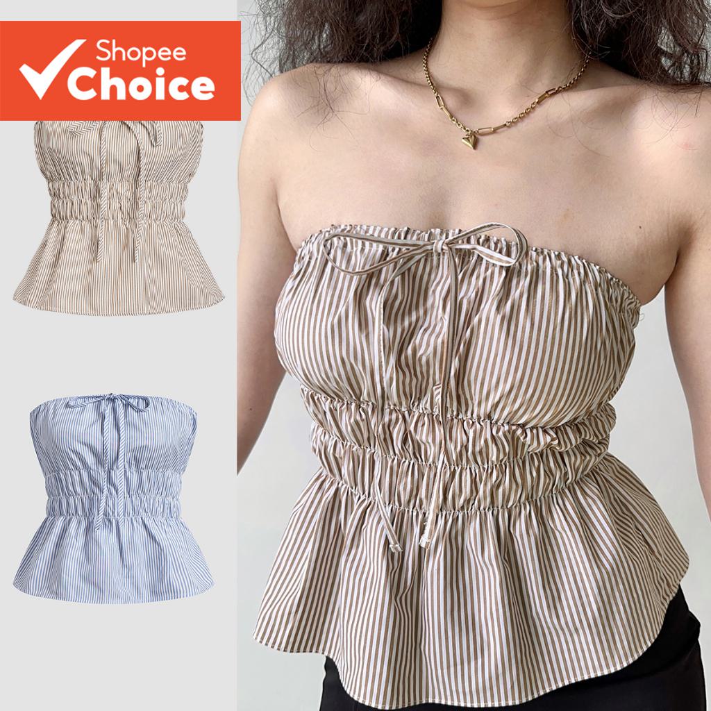 Lovito เสื้อกล้ามผู้หญิงฤดูร้อนลายทางผูกโบว์ลําลอง L116LD255