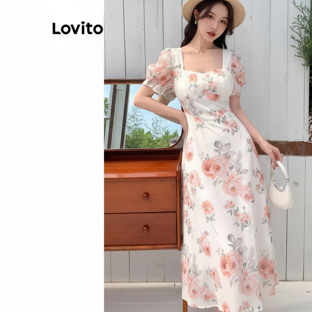 (trendy3)Lovito ชุดเดรสผู้หญิง ลายทรอปิคอล สไตล์โบโฮ L99ED452