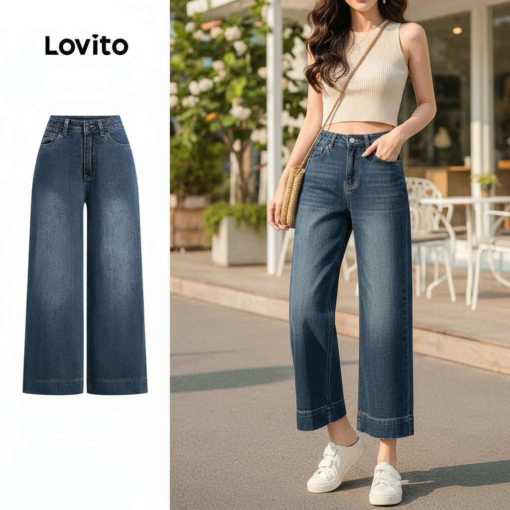 (trendy3)Lovito ลำลองสีพื้นกระเป๋าWashed All Seasons สีฟ้า Jeans สําหรับผู้หญิง L134ED248