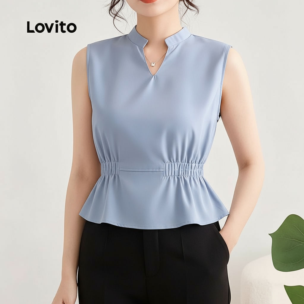 Lovito เสื้อคลุมลำลองผ้าถักคอวีสำหรับผู้หญิง สีฟ้าสำหรับฤดูใบไม้ผลิ/ฤดูร้อน L142ED657\3