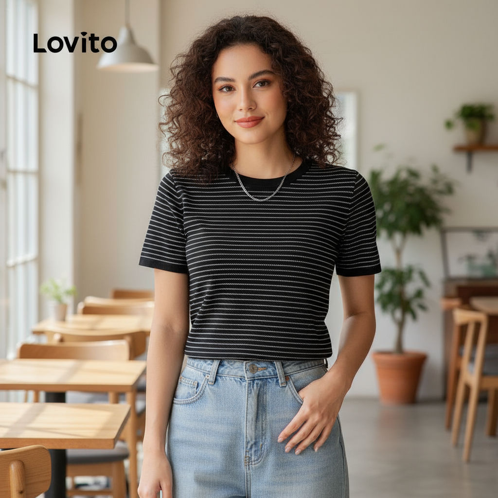 Lovito เสื้อยืดคอกลมผู้หญิง สีดํา ดีไซน์ขอบแตกต่าง สไตล์ลําลอง สําหรับฤดูใบไม้ผลิ/ฤดูร้อน L143AD1881